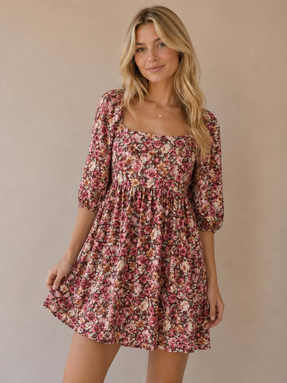Peach Love Floral Square Neck Puff Sleeve Mini Dress